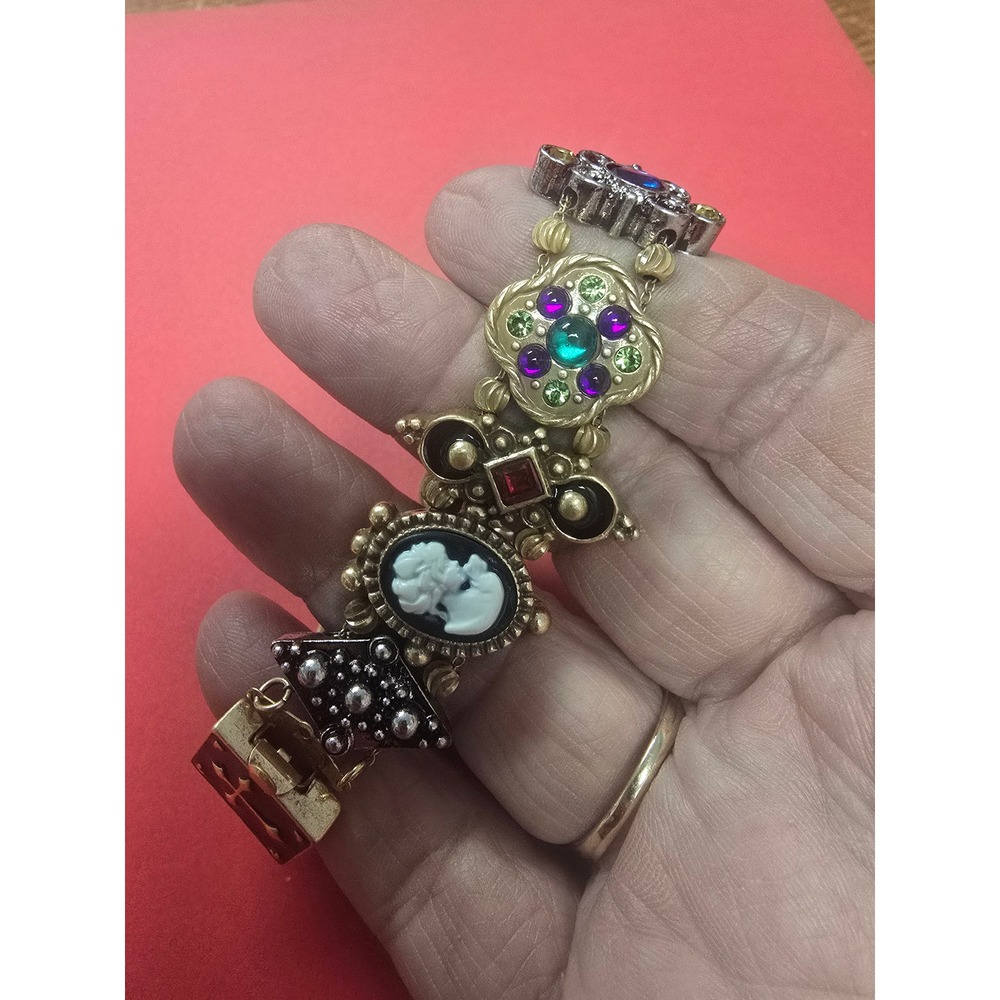 Vintage Multi Link Charm Bracelet Cameo Rhinestone Mixed Metal Victorian Style